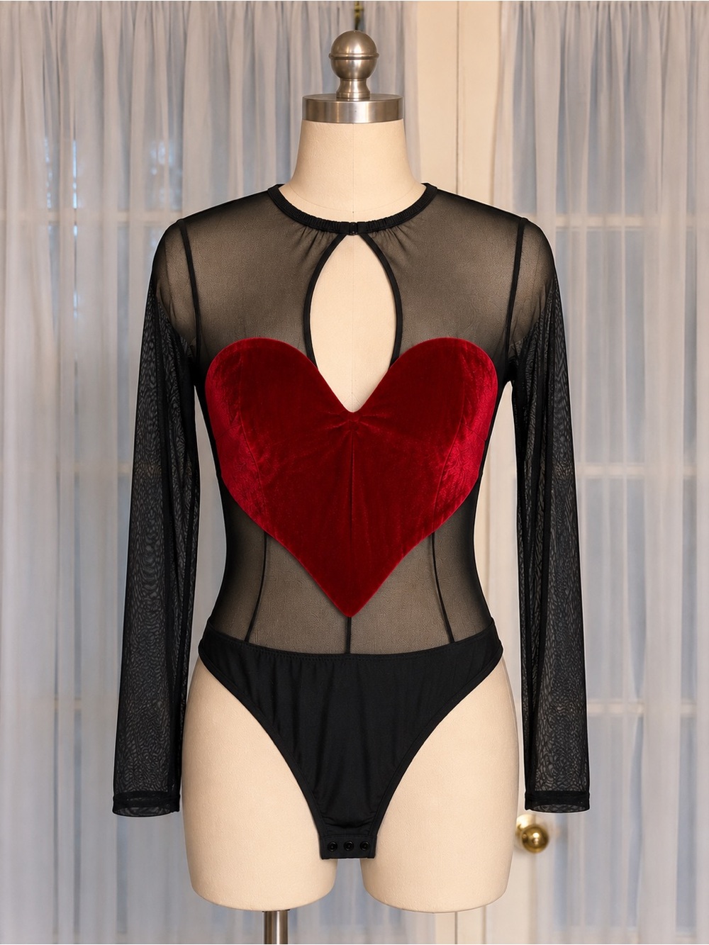 Thistle & Spire Sheer Mesh Velvet Heart Bodysuit Women’s Large Black Red Gothic